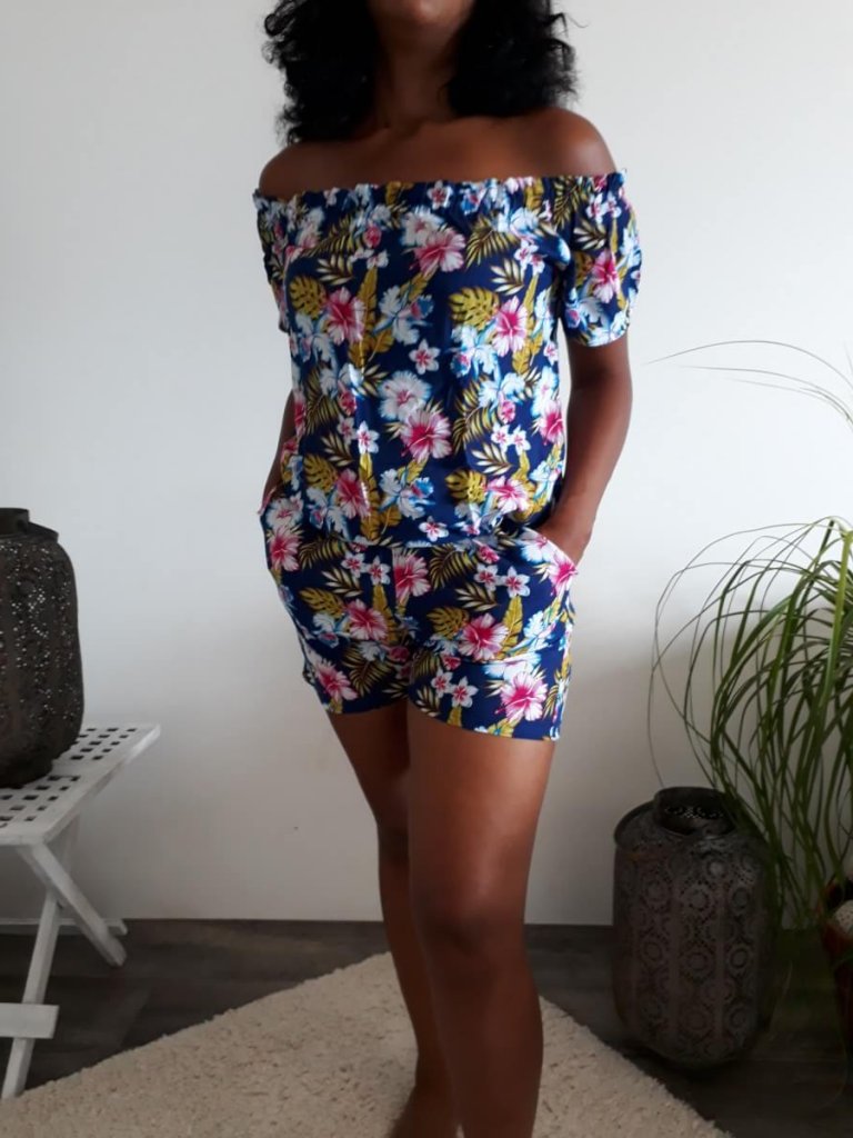 Combi-short bleu fleuri