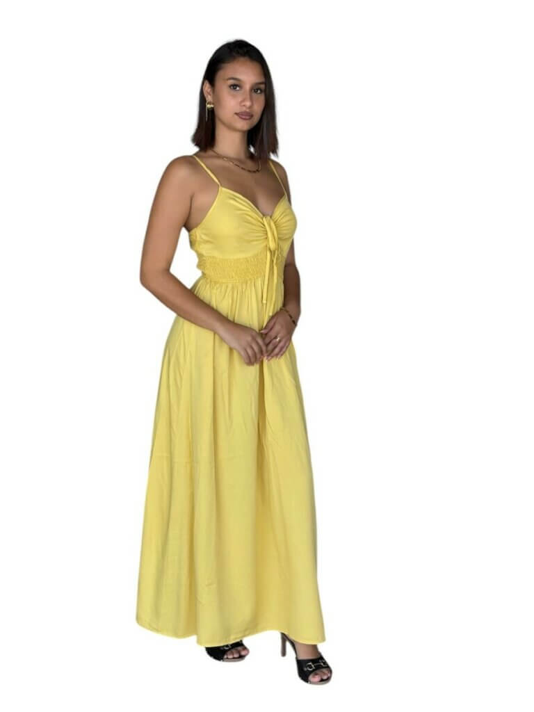 Robe ELISA LONGUE 100% viscose – Bretelles fines, taille smockée et lien ajustable- couleur jaune /noire