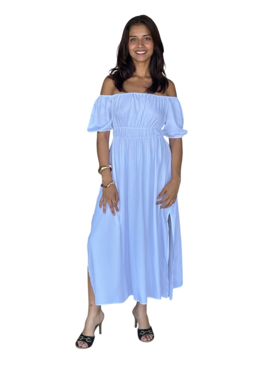 Robe STACY LONGUE 100% viscose – Épaules dénudées, taille smockée et fentes- couleur noire/blanc – Image 4