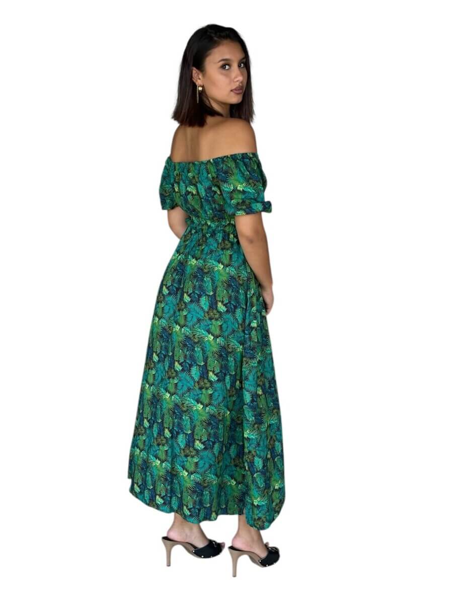 Robe STACY LONGUE 100%viscose – Épaules dénudées, taille smockée et fentes- motif palmiers vert/bleu/jaune – Image 3