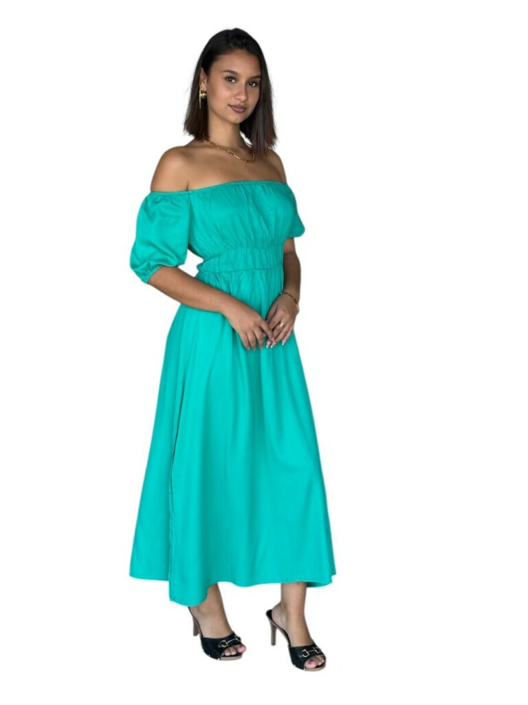 Robe STACY LONGUE  100 % viscose – Épaules dénudées, taille smockée et fentes- Couleur vert émeraude/jaune vif