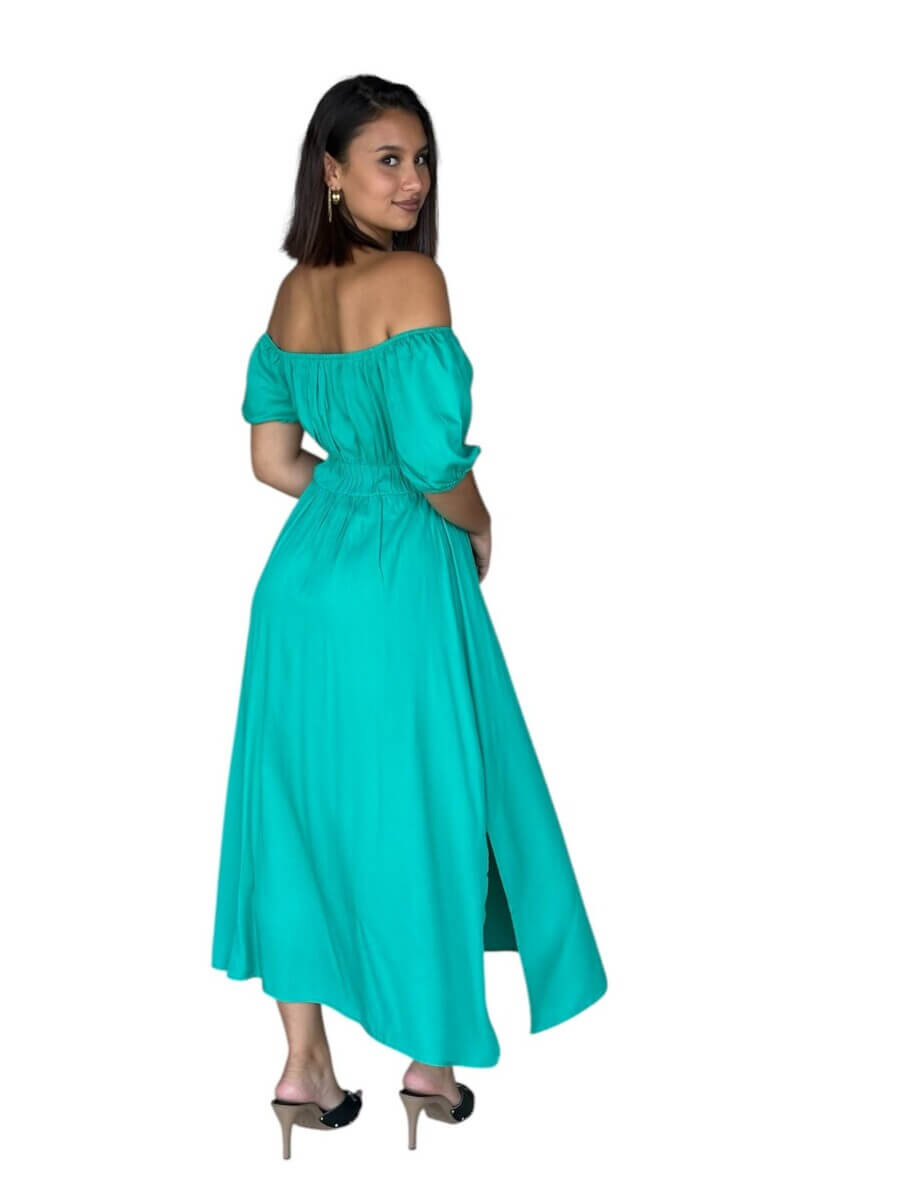 Robe STACY LONGUE 100 % viscose – Épaules dénudées, taille smockée et fentes- Couleur vert émeraude/jaune vif – Image 3