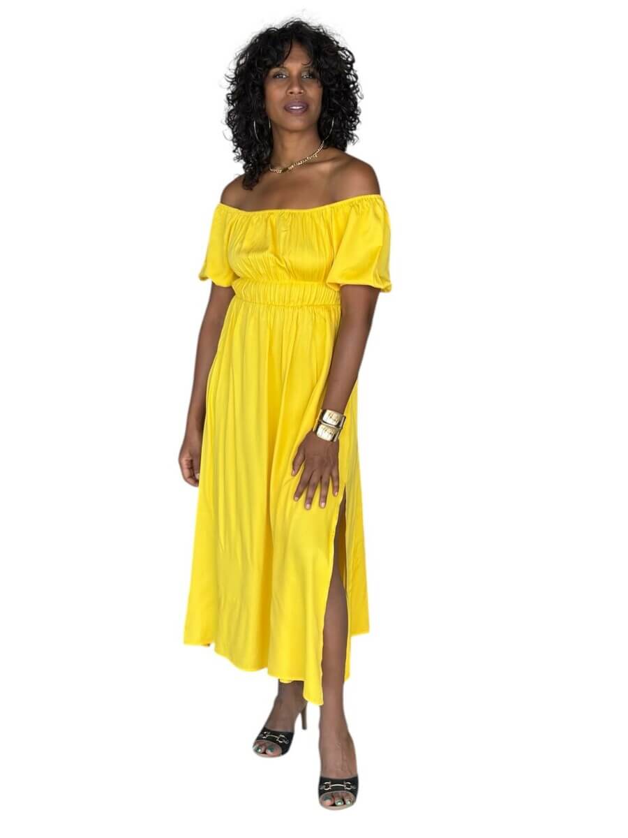 Robe STACY LONGUE 100 % viscose – Épaules dénudées, taille smockée et fentes- Couleur vert émeraude/jaune vif – Image 4