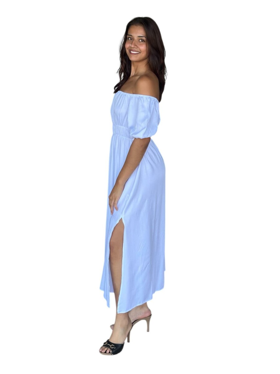 Robe STACY LONGUE 100% viscose – Épaules dénudées, taille smockée et fentes- couleur noire/blanc – Image 2
