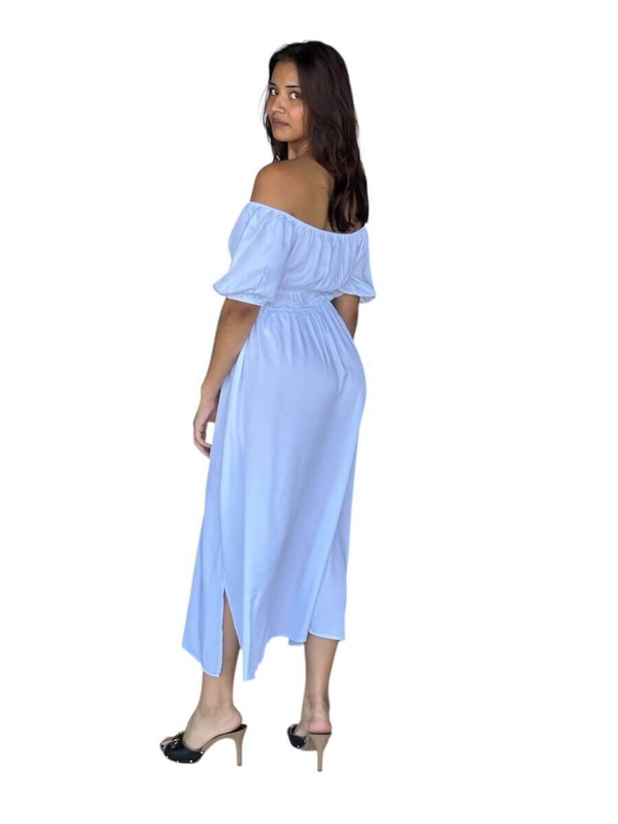 Robe STACY LONGUE 100% viscose – Épaules dénudées, taille smockée et fentes- couleur noire/blanc – Image 5
