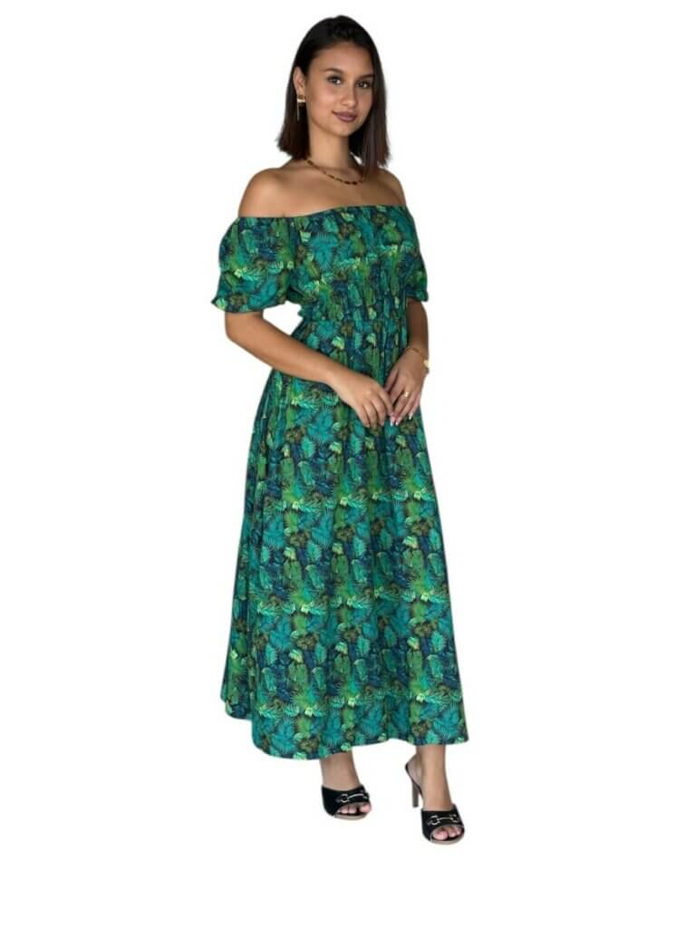 Robe STACY LONGUE 100%viscose  – Épaules dénudées, taille smockée et fentes- motif palmiers vert/bleu/jaune