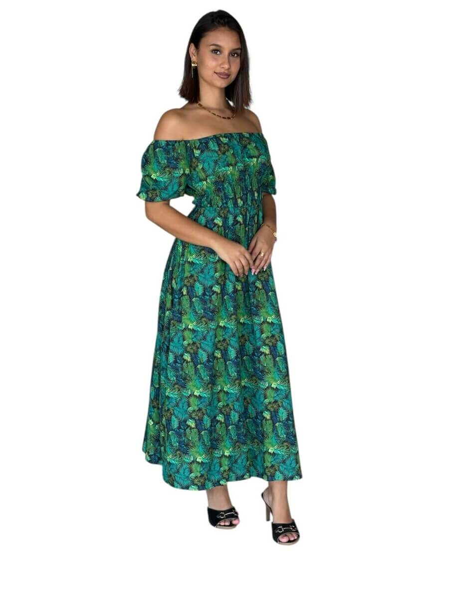 Robe STACY LONGUE 100%viscose – Épaules dénudées, taille smockée et fentes- motif palmiers vert/bleu/jaune