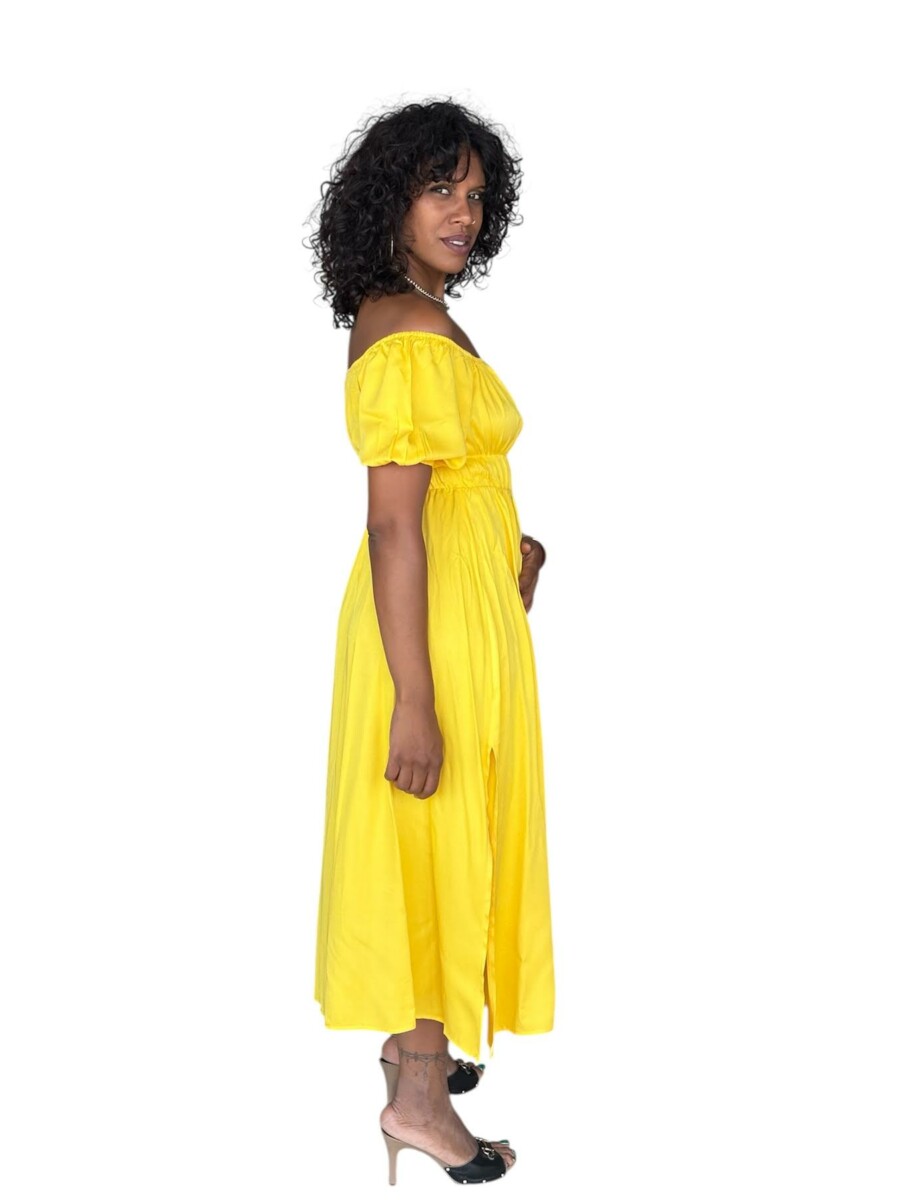 Robe STACY LONGUE 100 % viscose – Épaules dénudées, taille smockée et fentes- Couleur vert émeraude/jaune vif – Image 2