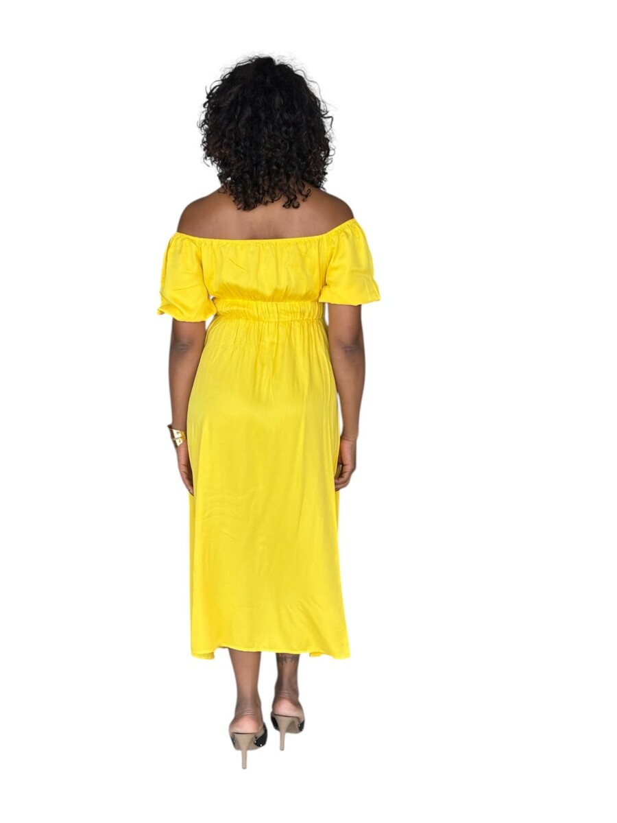 Robe STACY LONGUE 100 % viscose – Épaules dénudées, taille smockée et fentes- Couleur vert émeraude/jaune vif – Image 5