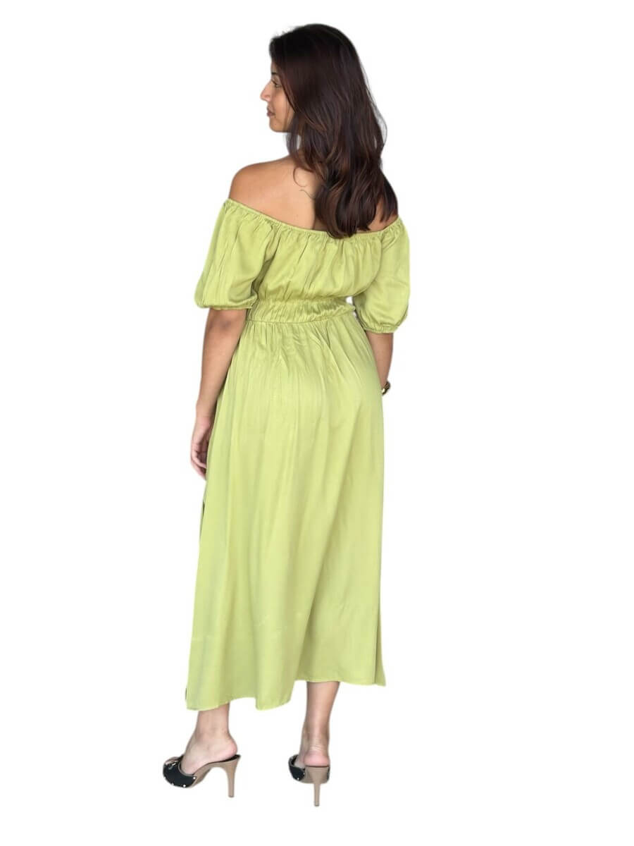 Robe STACY LONGUE 100% viscose – Épaules dénudées, taille smockée et fentes- couleur bleu violine/vert pomme – Image 2