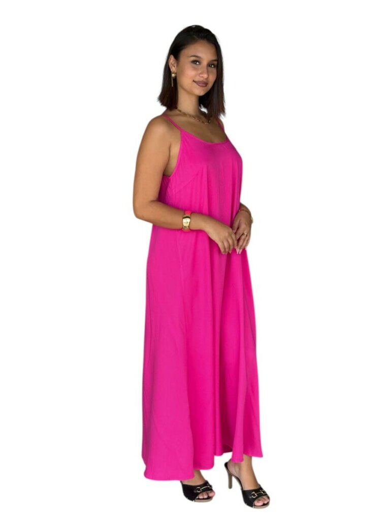 Robe EVA longue fluide 100% viscose – Dos échancré à bretelles fines- couleur corail/fushia