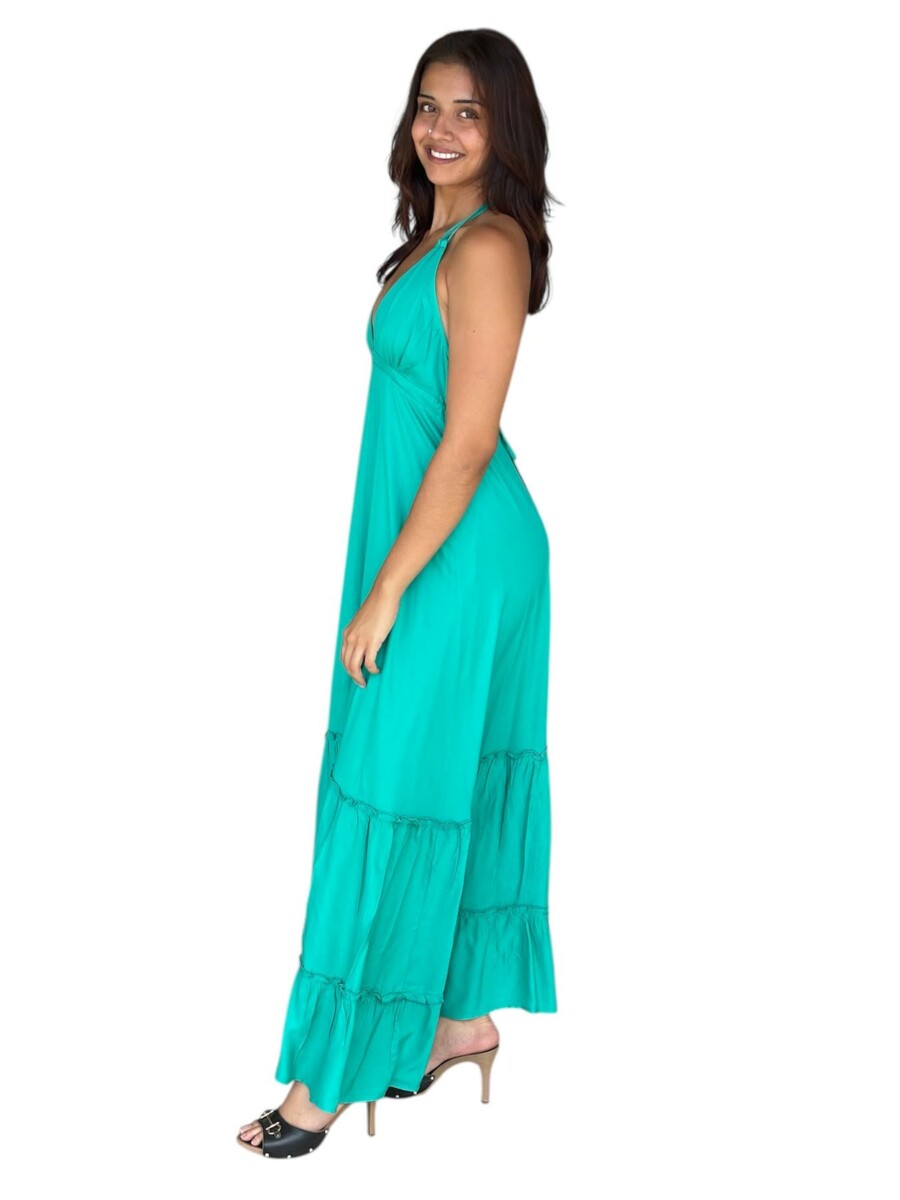 Robe ANAÏS longue 100% viscose à laçages – Dos nu & fente centrale- couleur vert émeraude/ moka – Image 3