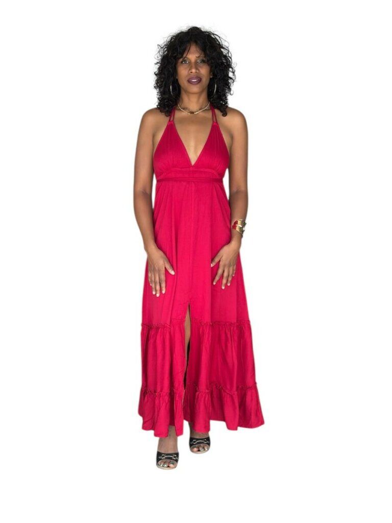 Robe ANAÏS longue 100% viscose à laçages – Dos nu & fente centrale- bordeaux vif/ blanc