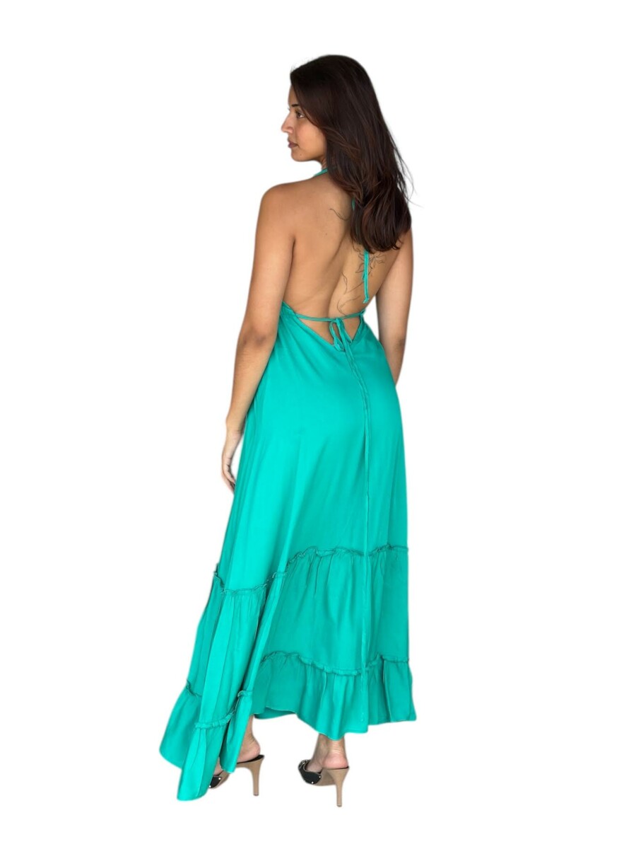 Robe ANAÏS longue 100% viscose à laçages – Dos nu & fente centrale- couleur vert émeraude/ moka – Image 5