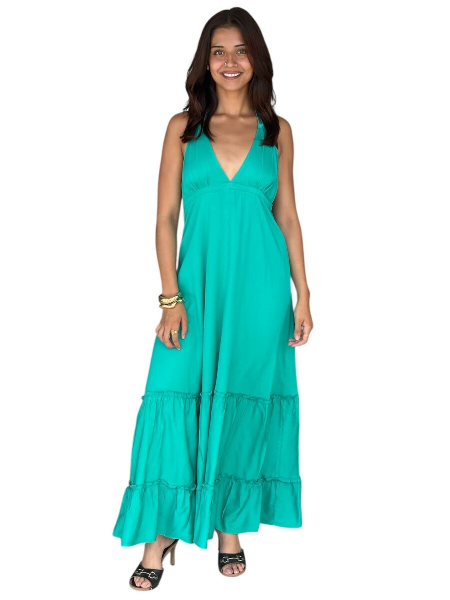 Robe ANAÏS longue 100% viscose à laçages – Dos nu & fente centrale- couleur vert émeraude/ moka