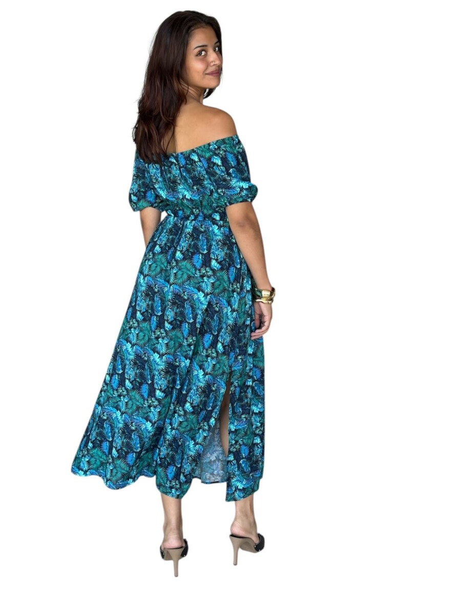 Robe STACY LONGUE 100%viscose – Épaules dénudées, taille smockée et fentes- motif palmiers vert/bleu/jaune – Image 4