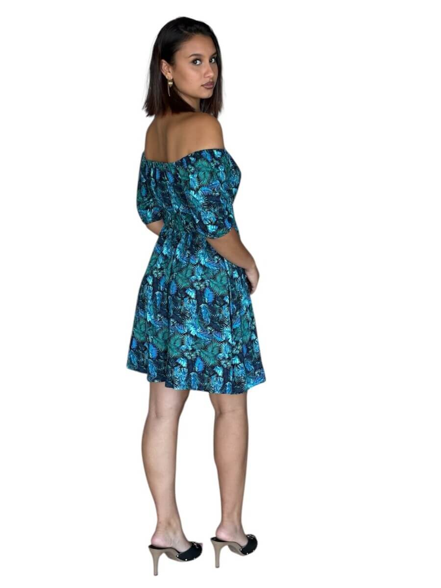 Robe STACY COURTE épaules dénudées en viscose – Taille smockée, manches ballon- léopard/girafe – Image 3