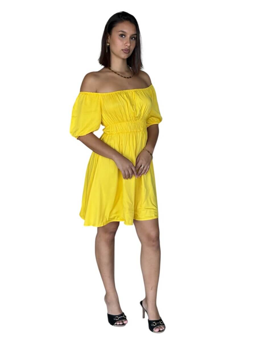 Robe STACY COURTE épaules dénudées en viscose – Taille smockée, manches ballon- jaune vif/beige