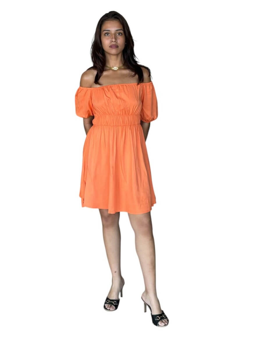 Robe STACY COURTE épaules dénudées en viscose – Taille smockée, manches ballon- orange/bordeaux