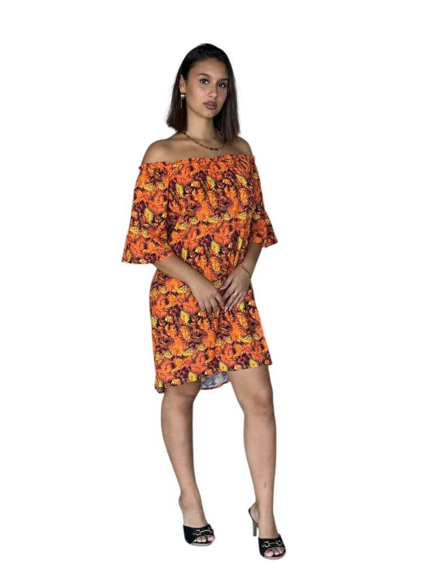 Robe HELENA épaules dénudées en viscose – Coupe fluide, manches volantées –palmiers vert/palmiers jaune – Image 2