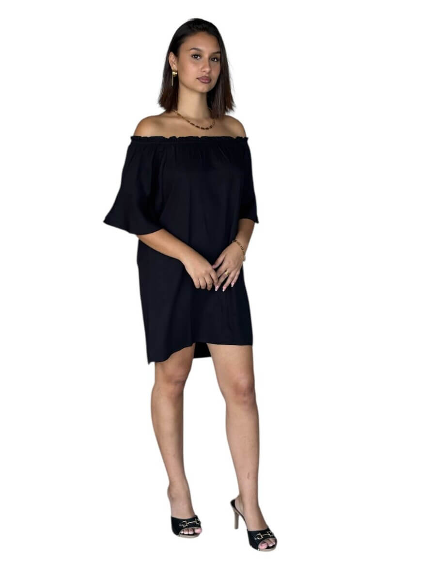Robe HELENA épaules dénudées en viscose – Coupe fluide, manches volantées – Noire - Blanc