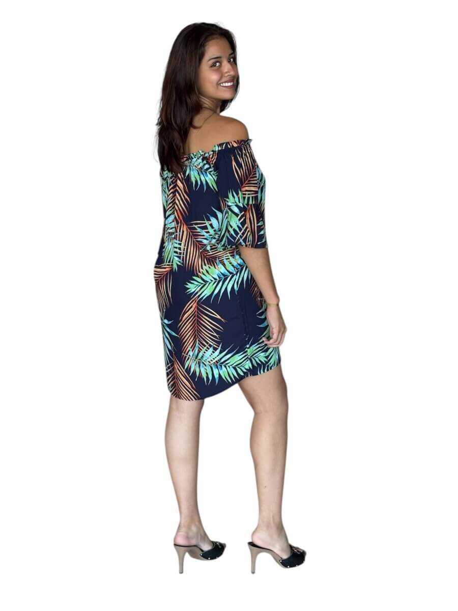 Robe épaules dénudées en viscose – Coupe fluide, manches volantées –palmiers marine/palmiers bleu – Image 4