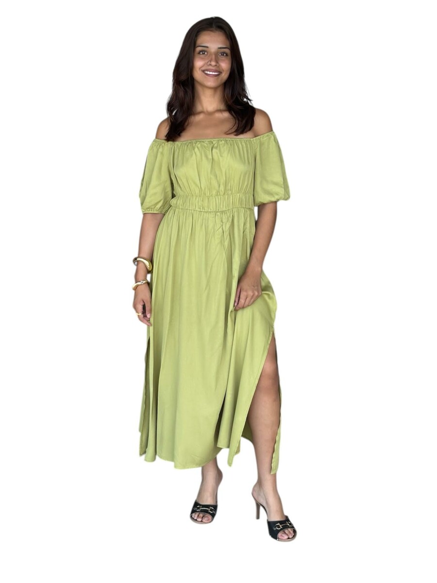 Robe STACY LONGUE 100% viscose – Épaules dénudées, taille smockée et fentes- couleur bleu violine/vert pomme – Image 5