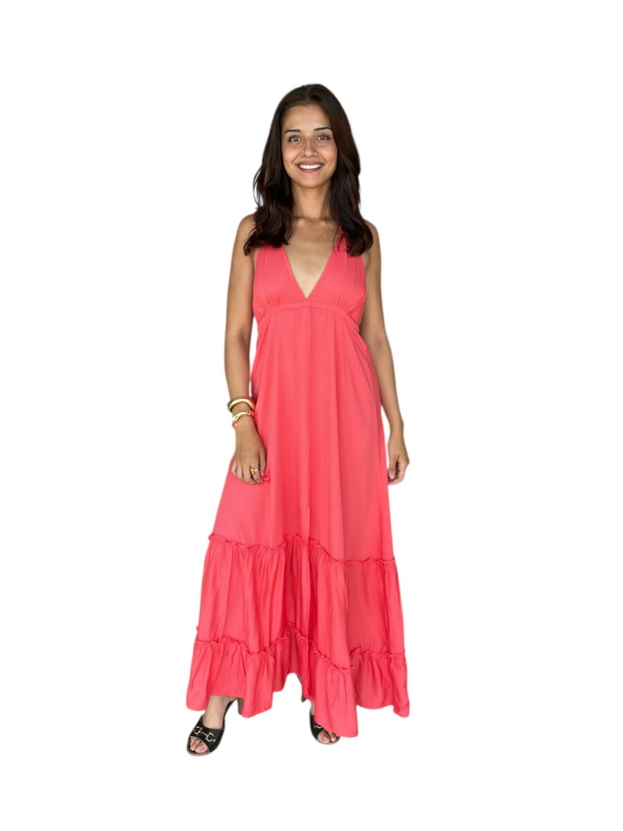 Robe ANAÏS longue 100% viscose à laçages – Dos nu & fente centrale- corail/ jaune passion