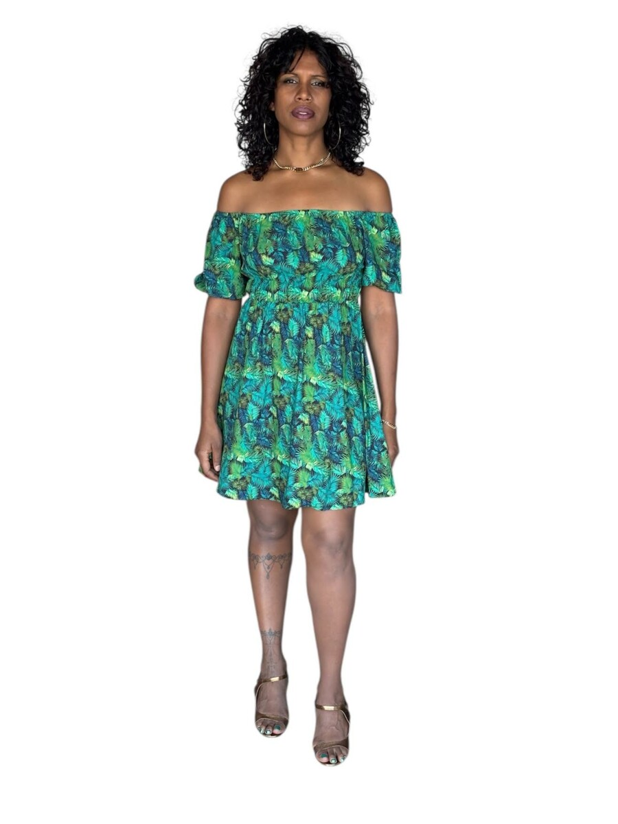 Robe STACY COURTE épaules dénudées en viscose – Taille smockée, manches ballon- léopard/girafe – Image 4