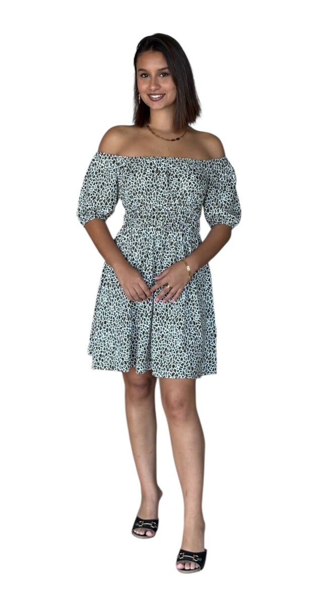 Robe STACY COURTE épaules dénudées en viscose – Taille smockée, manches ballon- léopard/girafe – Image 2